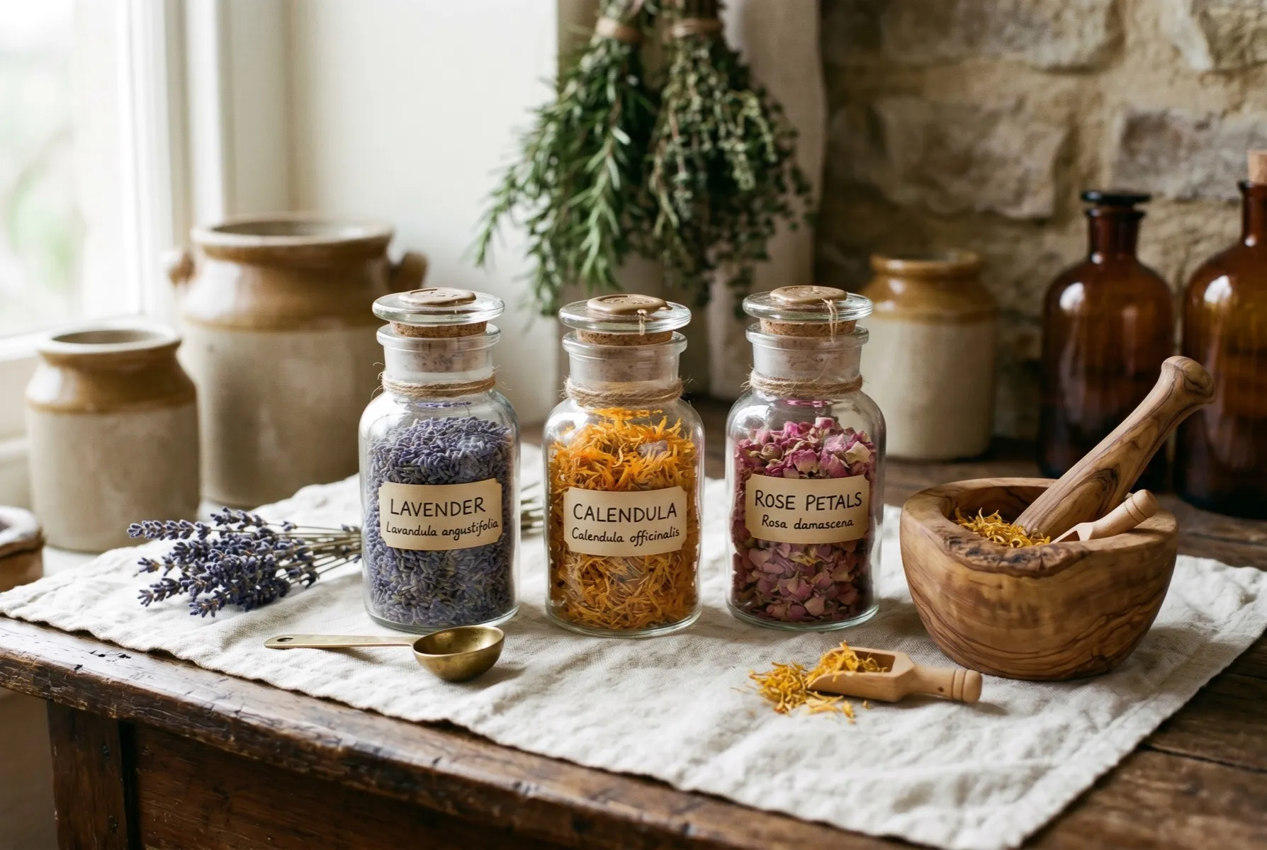 Apothecary jars of dried herbs arranged on linen