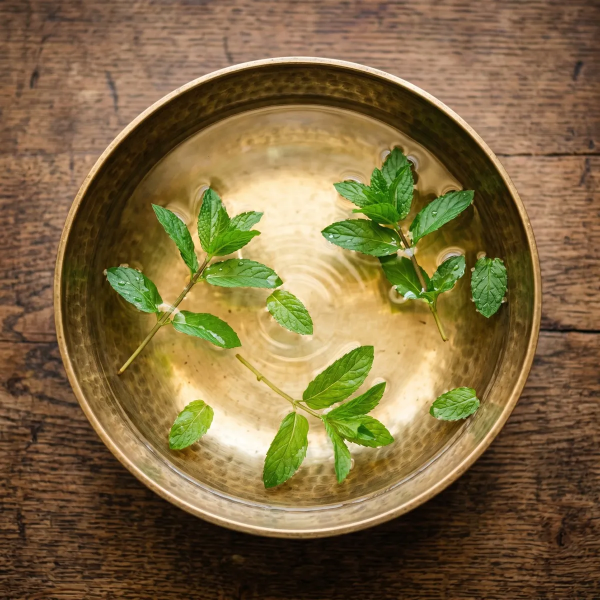 A shallow brass bowl filled with still water and floating mint