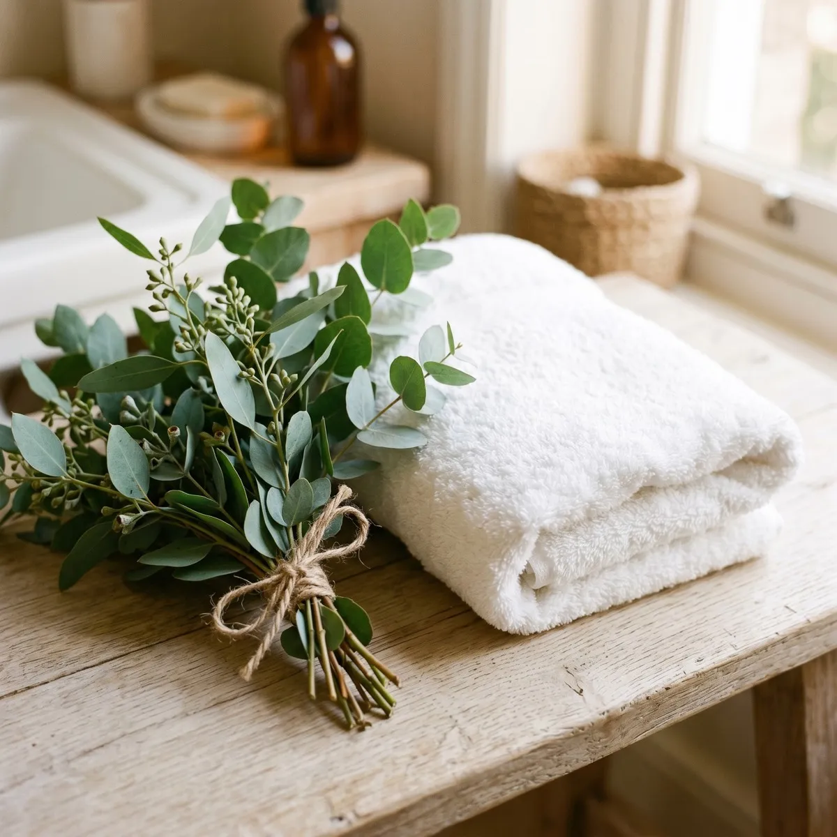 Fresh eucalyptus beside a folded plush towel