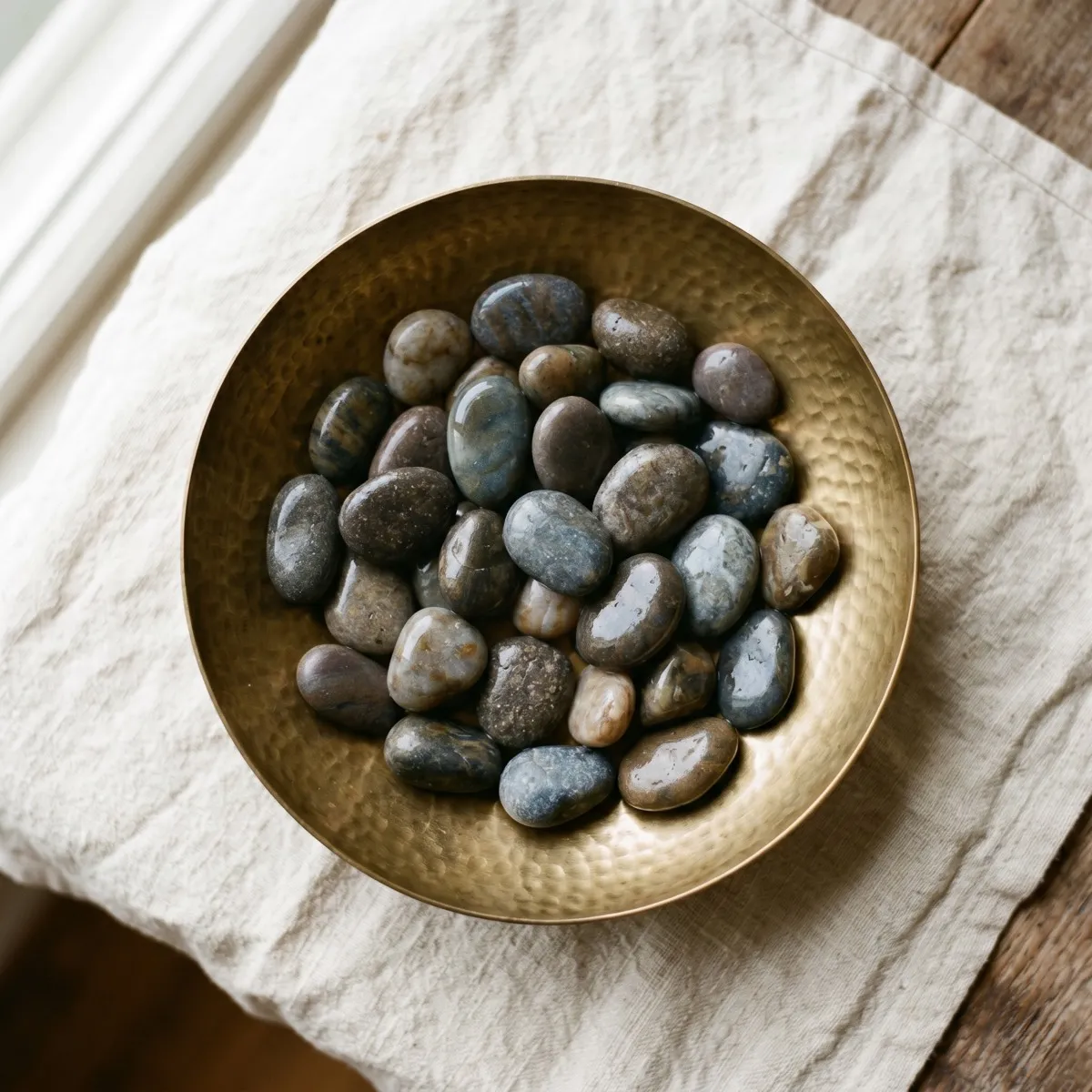 Polished river stones resting in a brass bowl